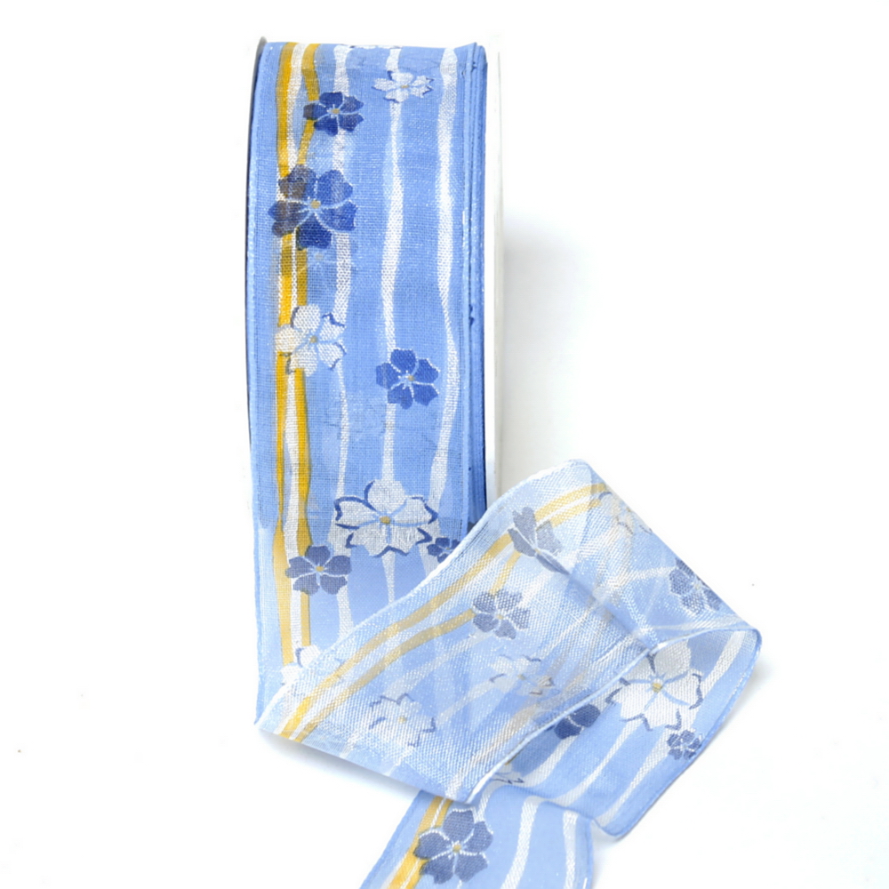 Band leicht transparent, Streifen + Blüten h.-blau/gelb, 40mm/ 20 M.